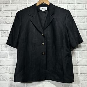 Vtg Club France 100% Linen Blazer Womens 14 Black Suit Top Academia Corpcore USA